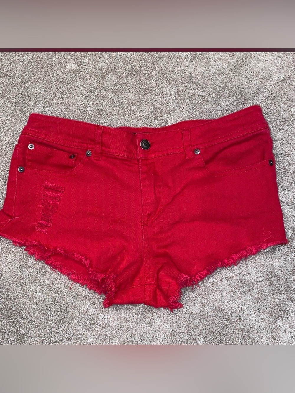 Ambiance Red Denim Frayed Hem Y2k Jean Shorts